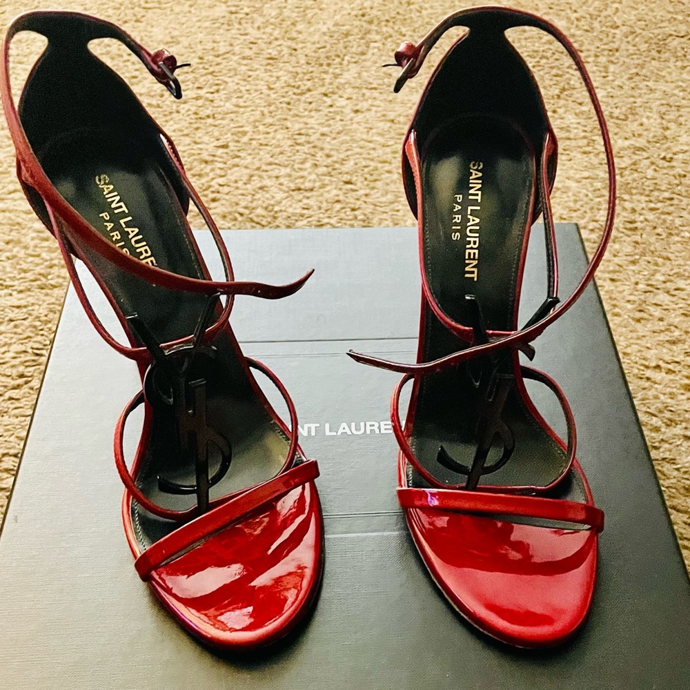 Yves Saint Laurent Red Patent Leather Strappy Heels - Picture 2 of 16